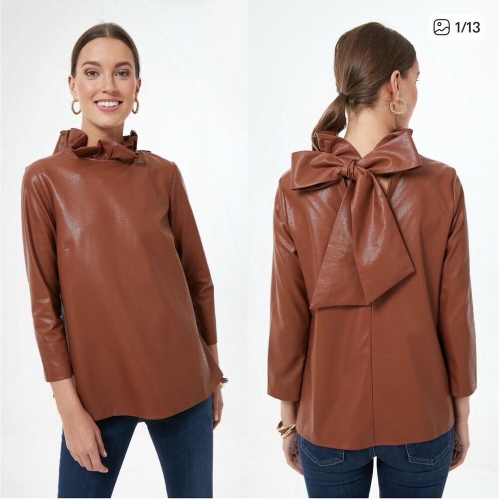 Tuckernuck Brown Coated Ruffle Neck Bow Back Blouse 3/4 Sleeve S